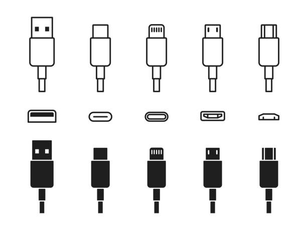 ilustraciones, imágenes clip art, dibujos animados e iconos de stock de conjunto de iconos de puerto de cable usb. usb tipo c, a, lightning y cargador de teléfono móvil micro-usb colección de ilustraciones vectoriales. símbolo del adaptador de enchufe. conector para dispositivos electrónicos. cartel de cargador de smartph - cargador de batería