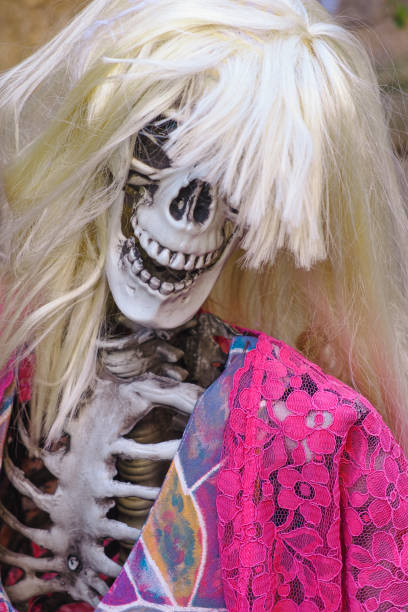 istock plastic skeleton with wig and clothes as fun Halloween decoration 2177300723