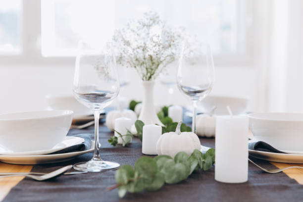 istock Thanksgiving table setting, tableware and decor, decoration, family holiday. Autumn mockup. 2177306059