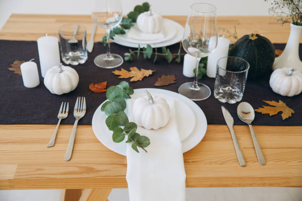 istock Thanksgiving table setting, tableware and decor, decoration, family holiday. Autumn mockup. 2177306329