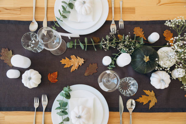 istock Thanksgiving table setting, tableware and decor, decoration, family holiday. Autumn mockup, top view 2177306345