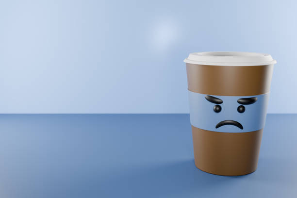 istock A sad looking coffee cup against a blue background, conveying a humorous expression of disappointment Monday. 3d rendering 2177306484