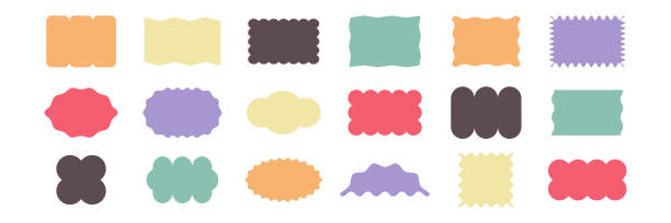 Zigzag and Wavy Geometric Shapes. Colorful Badges with Curve Edge. Decoration elements for Stickers, Posters, Chevron, Labels. Vector illustartion Zigzag and Wavy Geometric Shapes. Colorful Badges with Curve Edge. Decoration elements for Stickers, Posters, Chevron, Labels. Vector illustartion rectangular shapes cartoons stock illustrations