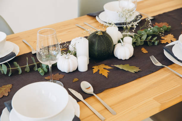 istock Thanksgiving table setting, tableware and decor, decoration, family holiday. Autumn mockup. 2177308529