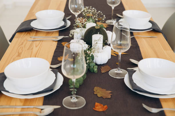 istock Thanksgiving table setting, tableware and decor, decoration, family holiday. Autumn mockup. 2177308925