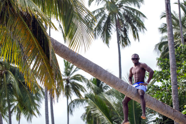 istock Man sitting on a leaning palm tree on tropical beach 2177311144