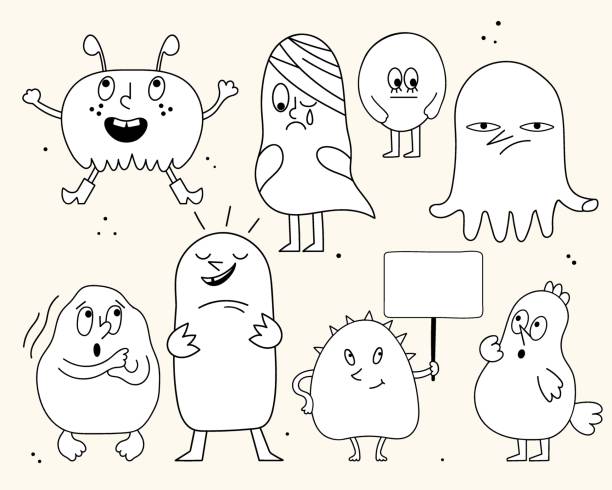 istock Set of cute monsters , funny monochrome creatures, different emotions and poses, place for text, vector illustration, character with empty board 2177312953