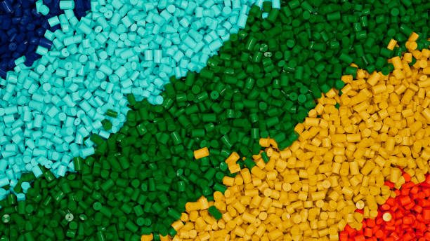 istock Closeup top view on piles of colorful mix plastic polypropylene granules, masterbatch polymer grain rows. HDPE or PVC resin pellets. 3d render illustration 2177313528