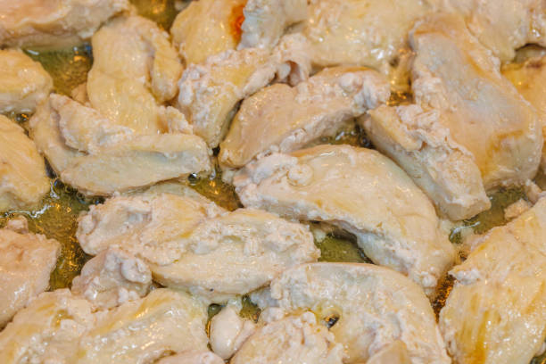 closeup full-frame background of roasting chicken breast meat