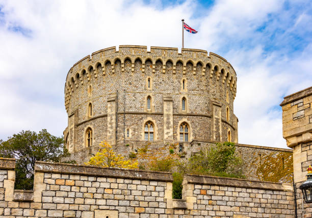 Windsor, UK - 25 April 2024: Round Tower of Windsor Castle in spring