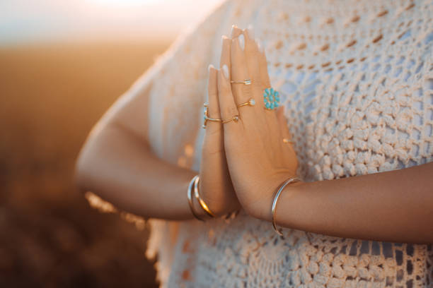 istock Boho Woman Practicing Yoga, Namaste Gratitude Mudra On Nature At Summer. Hands 2177317396