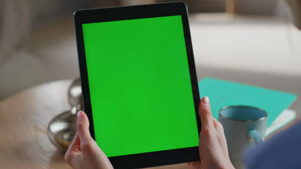 istock Online student watching greenscreen tablet at home apartment closeup. Lady hands 2177319445