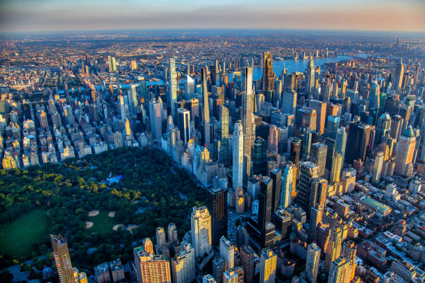 Buildings along the south side of Central Park in New York City, NY shot via helicopter from an altitude of about 2000 feet over the city.