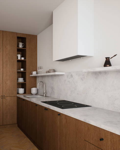 istock An elegantly designed and sleek modern kitchen that features stunning marble countertops and warm wooden cabinetry. 3D Render 2177323136