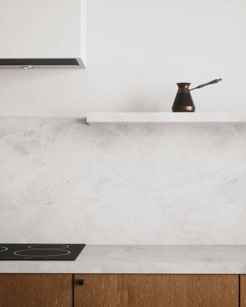 istock A sleek and modern kitchen that showcases a beautiful marble countertop and features a stylish copper coffee pot. 3d render 2177323138