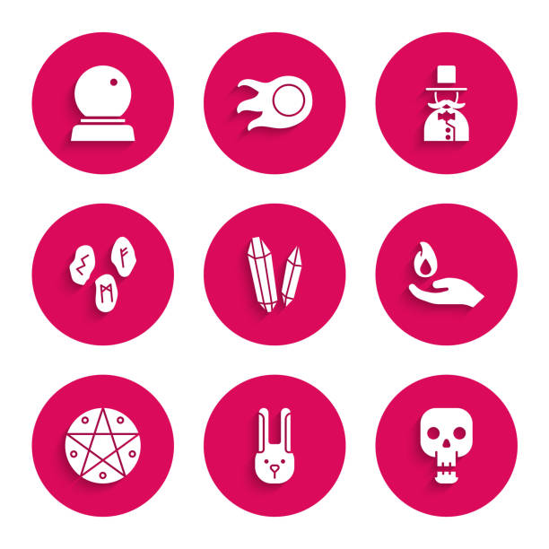 istock Set Magic stone, Rabbit with ears, Skull, Hand holding fire, Pentagram circle, runes, Magician and ball icon. Vector 2177324799
