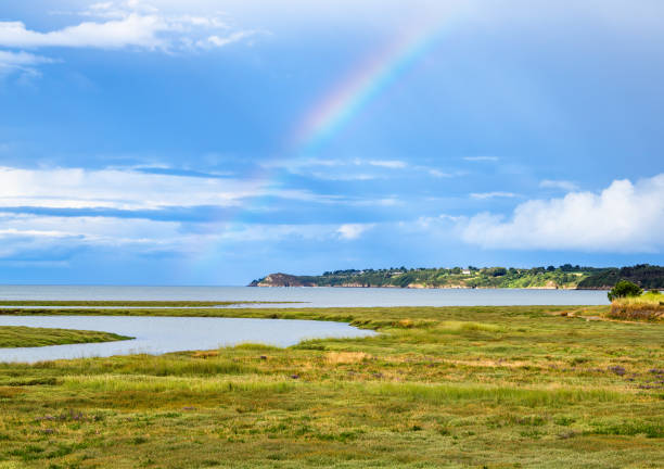 A scenic landscape in Brittany featuring a grassy marshland with a distant rainbow arching over a calm body of water, surrounded by lush greenery and a partly cloudy sky.