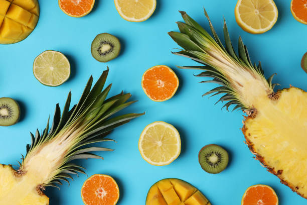 istock Different ripe fruits on light blue background, flat lay 2177326502