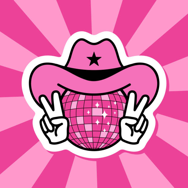 cool disco, cowgirl sticker, cowboy hat on disco ball, hot pink vector element on groovy background
