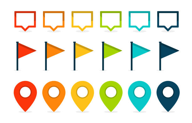 Colorful location icons collection Vector illustration set featuring colorful flags, speech bubbles, and location markers, ideal for map and navigation designs. green word bubble stock illustrations