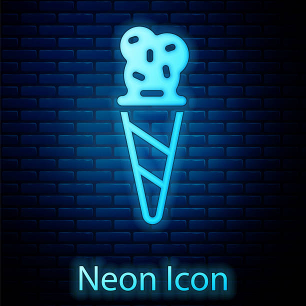 istock Glowing neon Ice cream in waffle cone icon isolated on brick wall background. Sweet symbol. Vector 2177328309