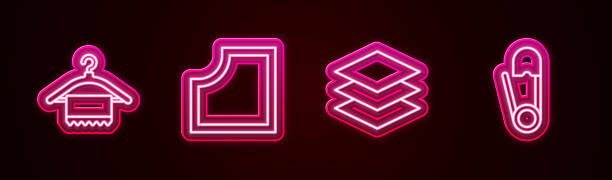 istock Set line Hanger wardrobe, Sewing Pattern, Layers clothing textile and Safety pin. Glowing neon icon. Vector 2177328417