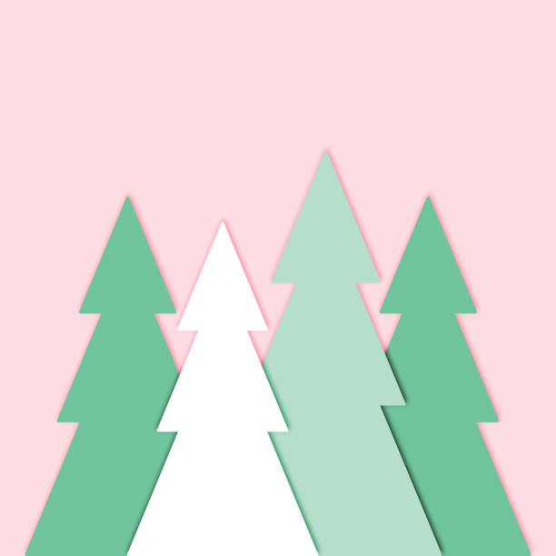 Vector illustration of paper cut-style geometric evergreen forest in shades of green and white on a pink background.