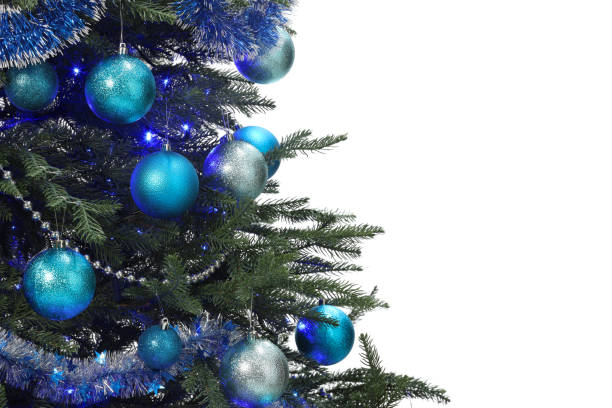 Beautiful Christmas tree decorated with ornaments and festive lights isolated on white