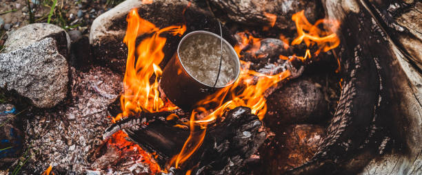 istock Kettle stands on fire. Cooking food at fire in wild. Beautiful big log burns in bonfire close-up. Survival in wild nature. Wonderful flame with caldron. Pot is on flames. Campfire background. 2177332995
