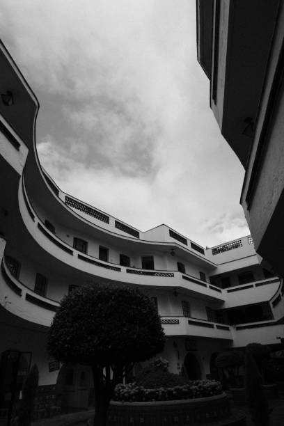 This photo captures the curving architecture of a multi-story building with a courtyard at its center, featuring manicured trees and a fountain. The upward angle emphasizes the sweeping lines of the balconies and the geometric patterns of the railings. The overcast sky adds a dramatic backdrop, while the black-and-white composition enhances the contrast between the building's clean lines and the organic shapes of the courtyard.