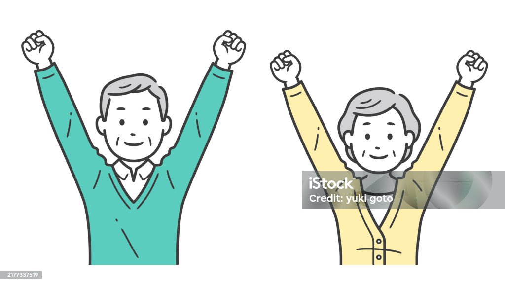 Upper body illustration of an elderly man and woman making a fist pump with both hands - Lizenzfrei 60-69 Jahre Vektorgrafik Upper body illustration of an elderly man and woman making a fist pump with both hands - Lizenzfrei 60-69 Jahre Vektorgrafik