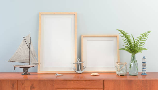 istock 3d rendering of a sideboard with two blank mock-up posters 2177342609