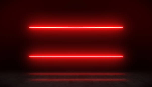 Empty product podium, exhibition, platform for the product placement. Dark room with ultraviolet neon laser glowing lines. Copy space for advertisement.