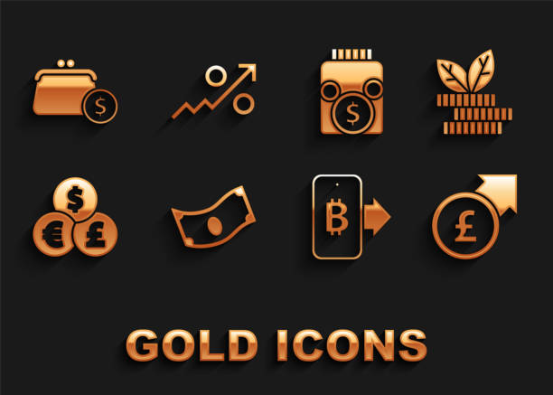 istock Set Stacks paper money cash, Dollar plant, Financial growth and pound, Mining bitcoin from mobile, Currency exchange, Glass jar with, Wallet coins and Percent up arrow icon. Vector 2177344867