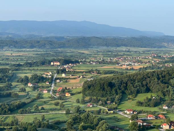 istock View of forests, fields, villages and Zagorje hills, during a panoramic balloon flight over Croatian Zagorje - Croatia (Panoramski let balonom iznad Hrvatskog zagorja - Hrvatska) 2177345607