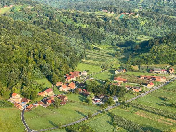 istock View of forests, fields, villages and Zagorje hills, during a panoramic balloon flight over Croatian Zagorje - Croatia (Panoramski let balonom iznad Hrvatskog zagorja - Hrvatska) 2177345613