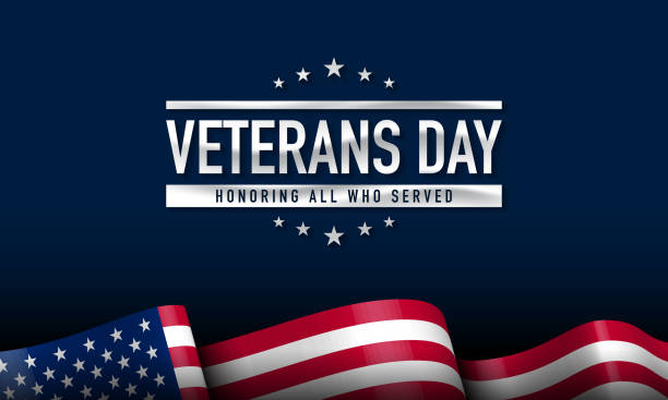 istock Veterans Day design with realistic waving United States flag on blue background. 2177350048