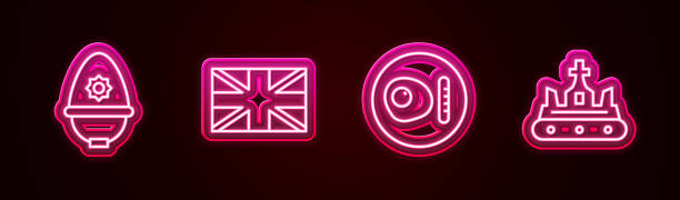 istock Set line British police helmet, Flag of Great Britain, breakfast and crown. Glowing neon icon. Vector 2177351897