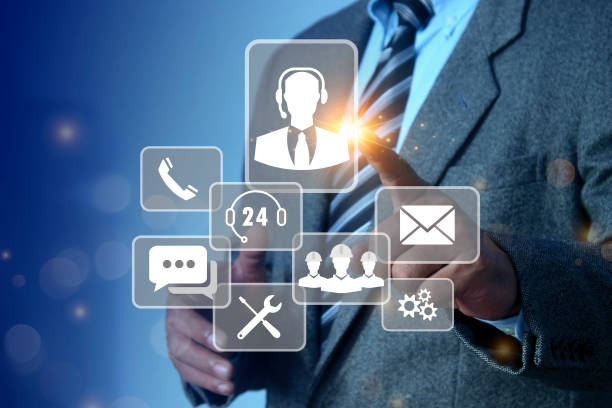 istock Business man hand touching VR screen support customer icon. Customer Service, Assistance, Solutions, Satisfaction, and Accessibility. Technical support customer service call center 24-7 online 2177352015