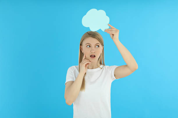 box with speech bubble on the woman's head