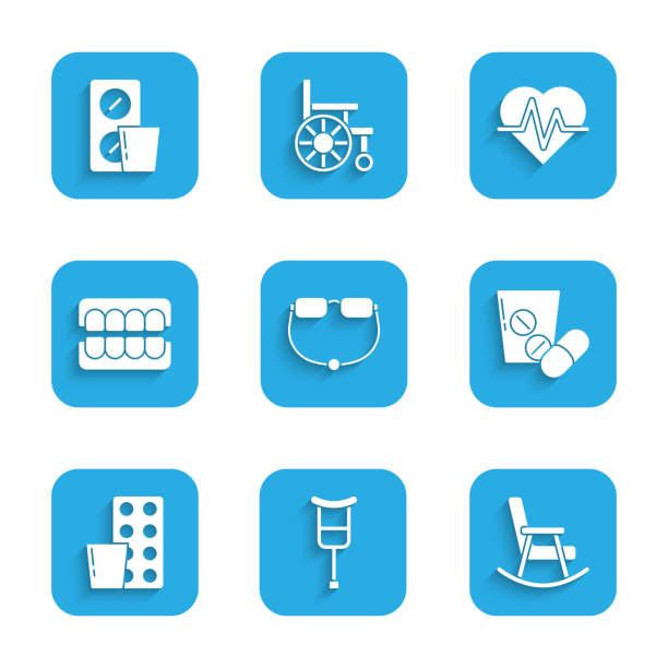 Set Eyeglasses, Crutch or crutches, Rocking chair, Medicine pill tablet, Pills blister pack, False jaw, Heart rate and icon. Vector Set Eyeglasses Crutch or crutches Rocking chair Medicine pill tablet Pills blister pack False jaw Heart rate and icon. Vector. dental and vision care stock illustrations