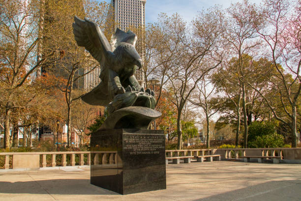 New York, USA. 11 09 2019. World War II memorial with 4609 names inscribed on attached granite pylons.