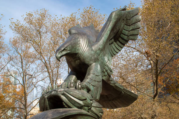 New York, USA. 11 09 2019. World War II memorial with 4609 names inscribed on attached granite pylons.
