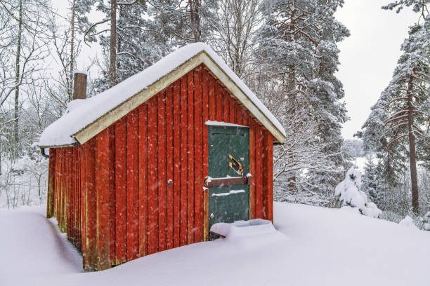 istock Red cottage in a snowfall on a winter day in the forest 2177361906