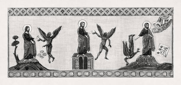 The three Temptations of Jesus Christ. Angels then approach Jesus to serve him. Engraving after a 7th century mosaic in the cathedral of Monreale in Sicily.