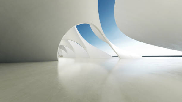 istock 3d render of white futuristic architecture, abstract wavy structure with empty concrete floor 2177367146