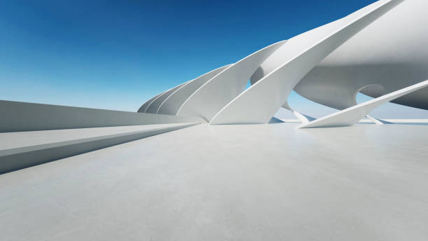 istock 3d render of white futuristic architecture, abstract wavy structure with empty concrete floor 2177367147