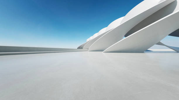 istock 3d render of white futuristic architecture, abstract wavy structure with empty concrete floor 2177367148