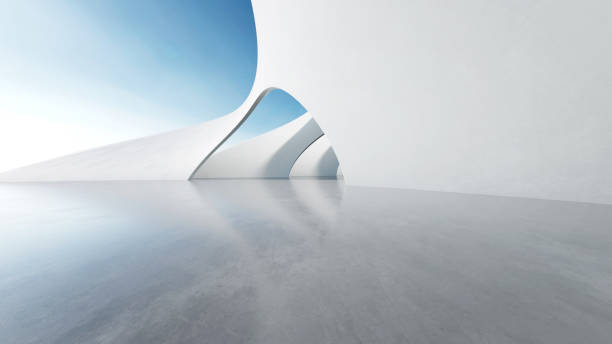 istock 3d render of white futuristic architecture, abstract wavy structure with empty concrete floor 2177367156