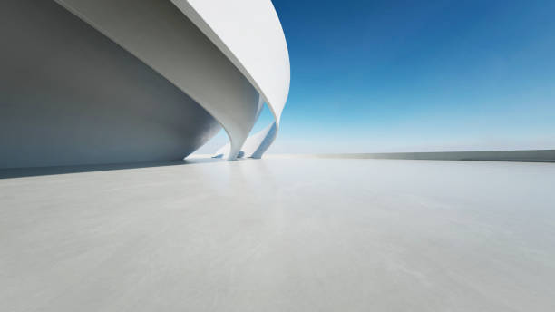 istock 3d render of white futuristic architecture, abstract wavy structure with empty concrete floor 2177367157